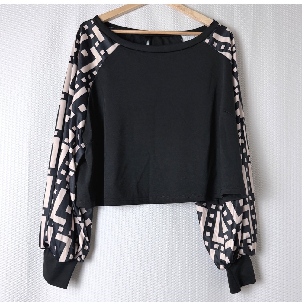 Stylewe Blouse Women 2X Black Geometric‎ Balloon Sleeve Cropped Work Plus Size